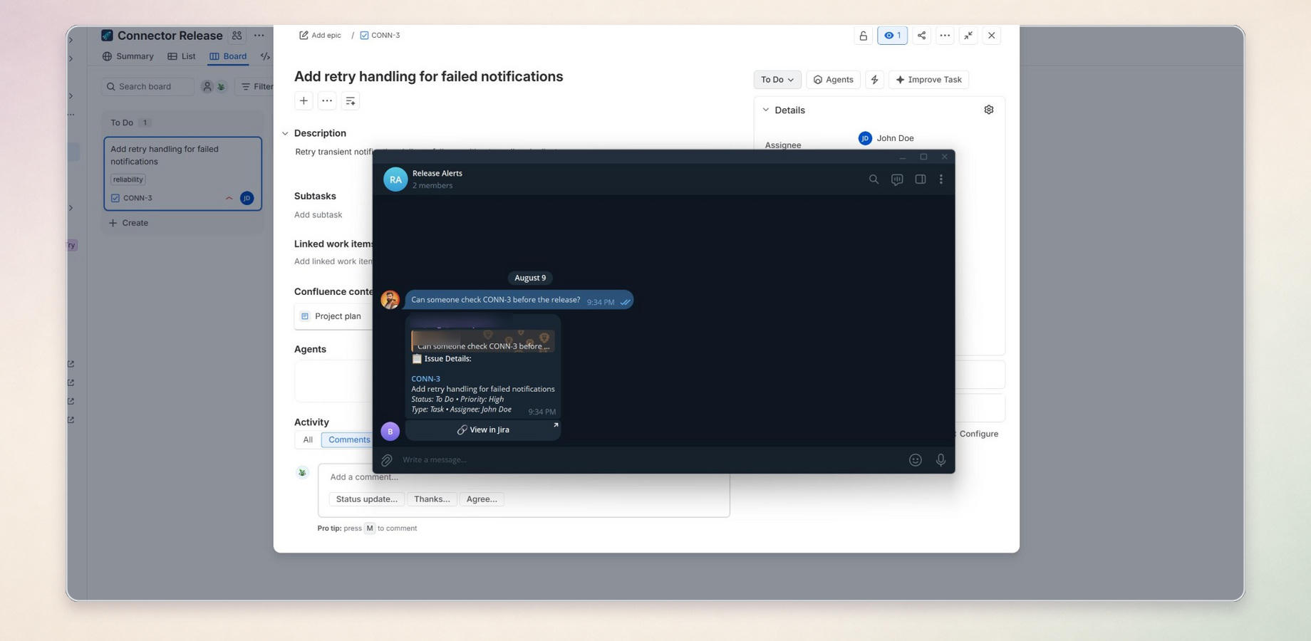 A Telegram group conversation where mentioning CONN-3 prompts the bot to return the matching Jira issue details and a link to open it in Jira.