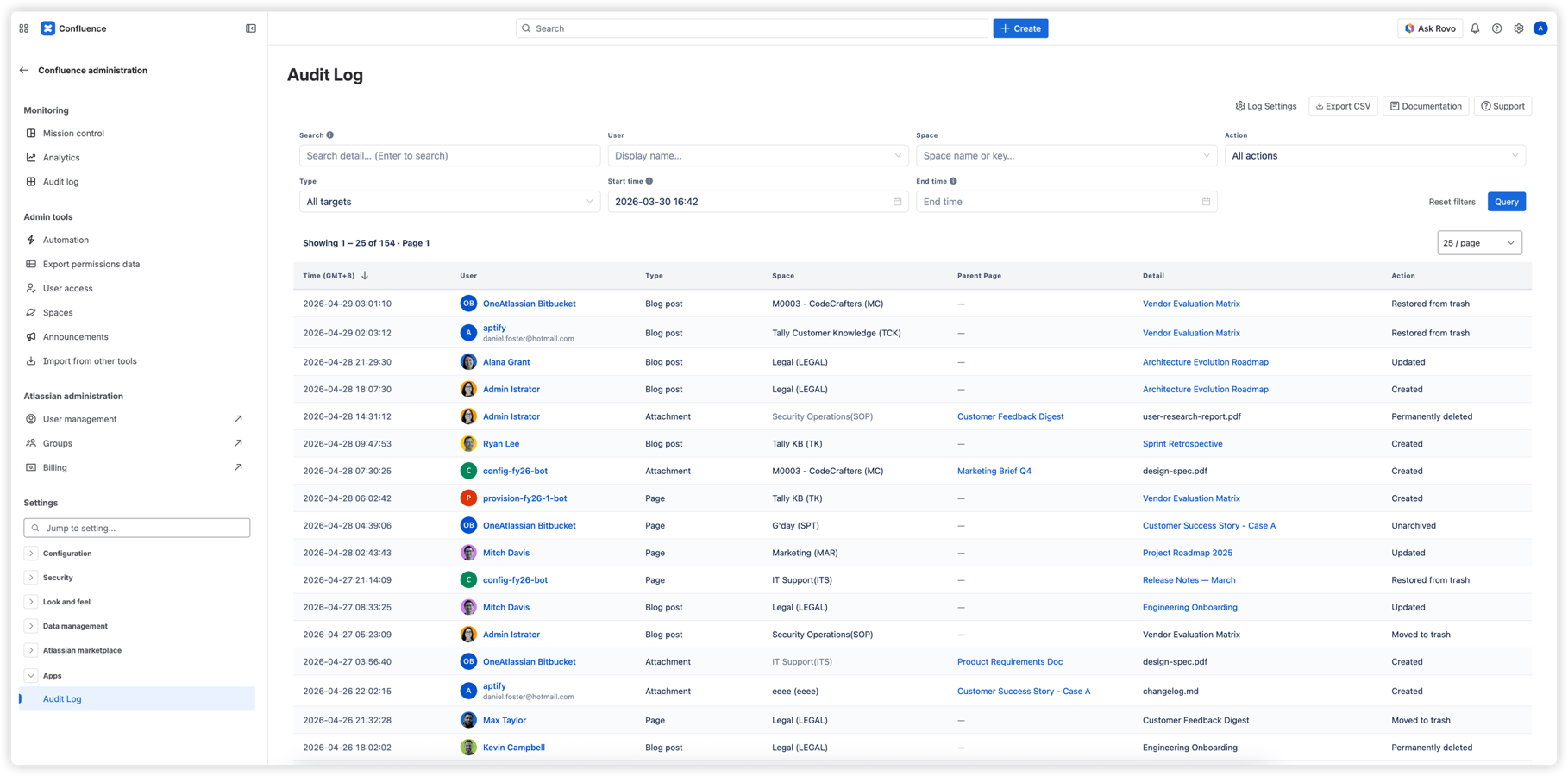 The Audit Log dashboard shows time, user, content type, space, parent page, and action for every recorded event. Use the top filters to narrow results by user, space, action, type, or date range