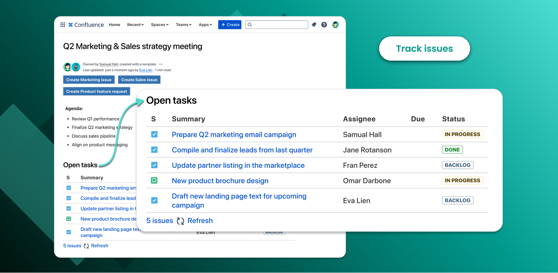Easily see every Jira issue created from your Confluence page with the built-in page report. Keep track of progress without leaving your documentation or building complex Jira queries.
