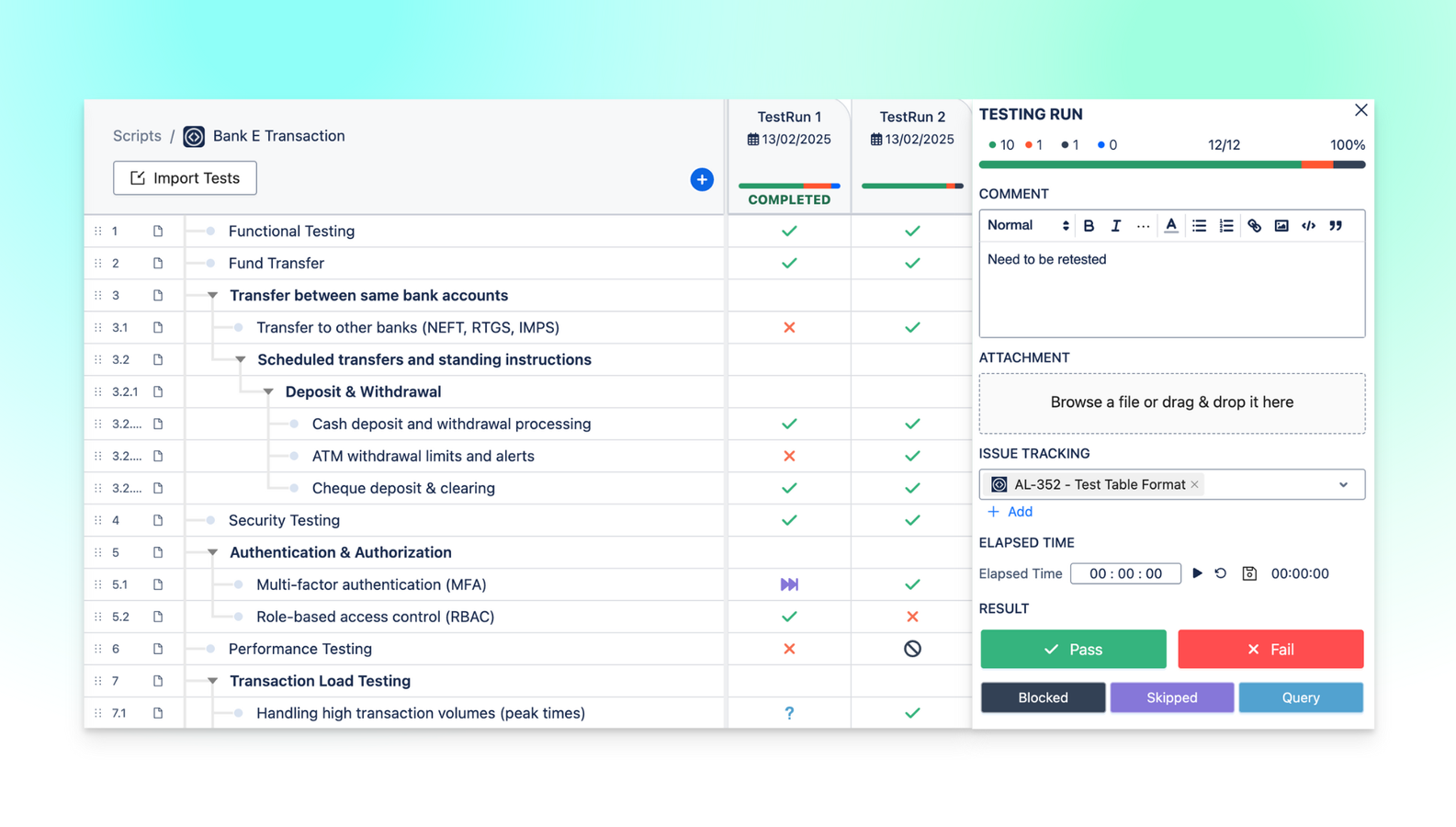 Quickly write test case with testing checklist, record results inline and generate reports