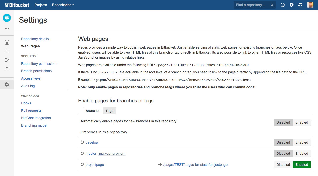 Host web pages directly in Bitbucket Server