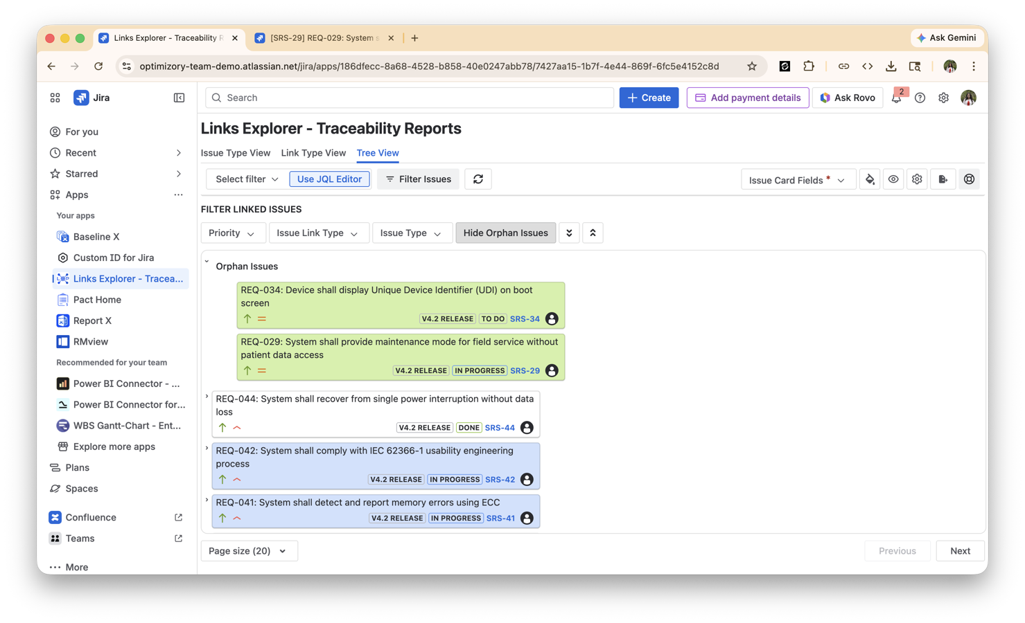Coverage validation view highlighting orphan requirements with no downstream test links, surfaced automatically from live Jira issue links within the selected JQL scope.
