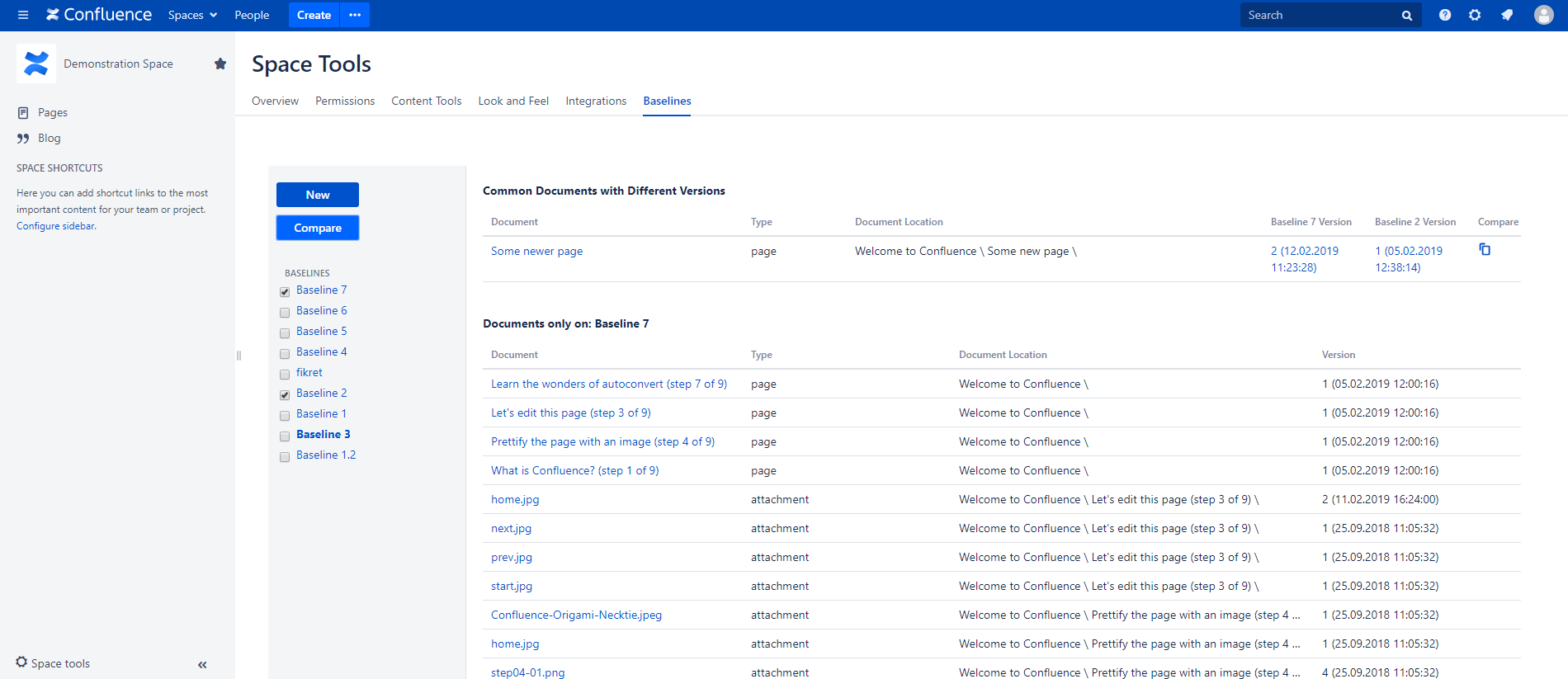 Baselines document list also contains version numbers, dates of documents and links to that specific version.