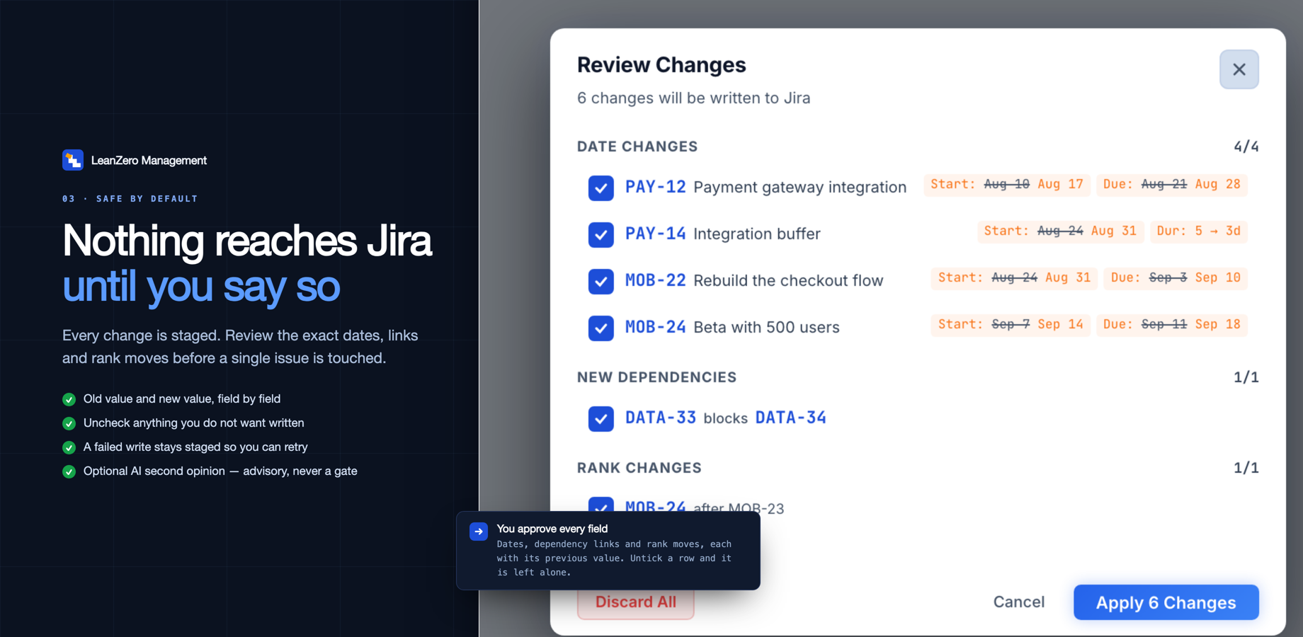 The Review Changes dialog: four date changes, a new dependency and a rank move, each with its previous value struck through. Untick any row and it is left alone.