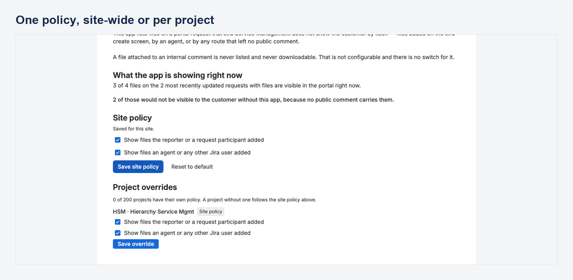 The admin page under Apps: the live count of what the panel is exposing right now, the two site-policy switches, and the per-project override table.