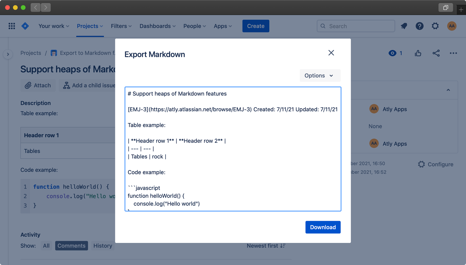 Export Markdown modal open displaying a sample export that includes a table and JavaScript code block.