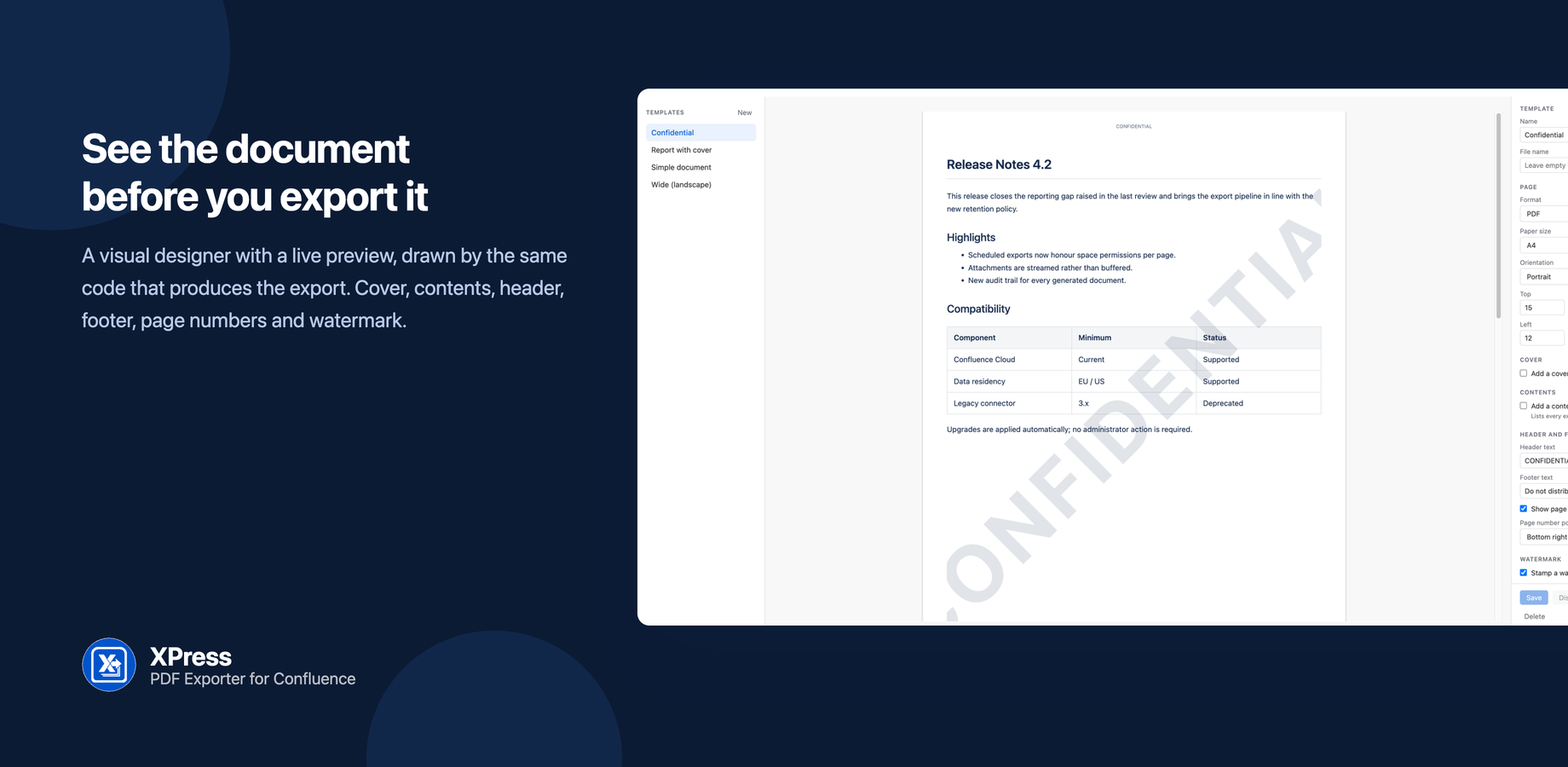 A Confluence page previewed with a CONFIDENTIAL watermark, header, footer and page numbers applied. Every control on the right redraws the page on the left.