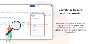 Search options and the search results. The search is performed in documents metadata, in the current project, folder and/or sub-folders.
