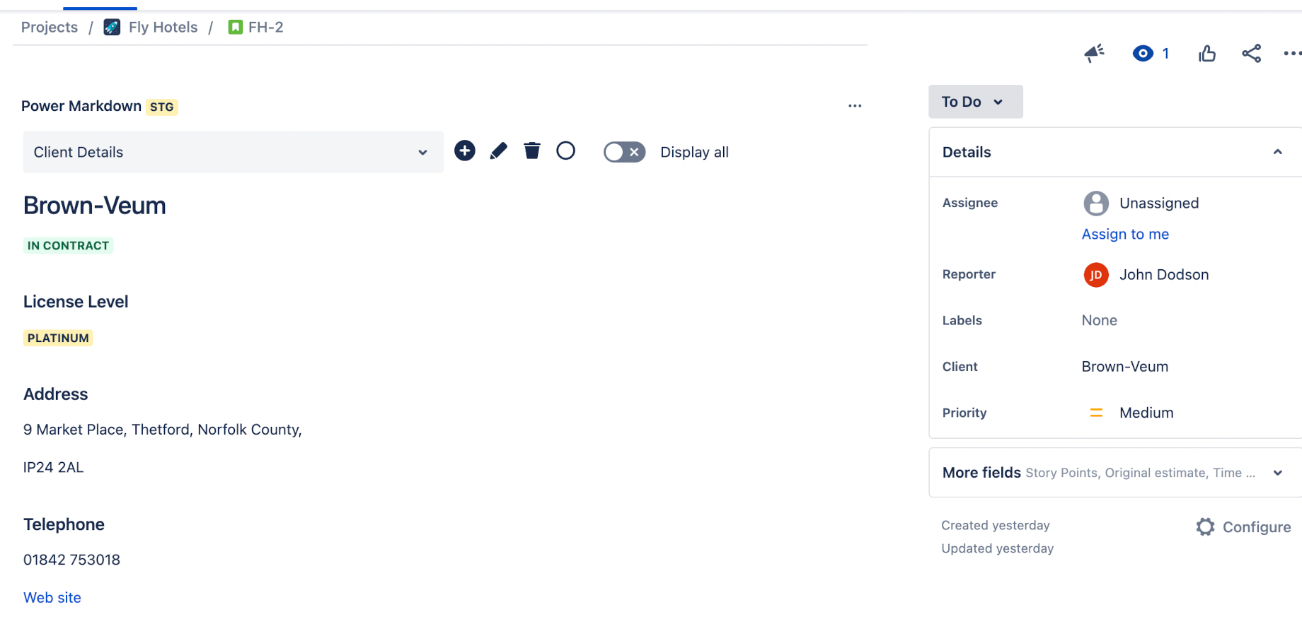 Dynamic Markdown displaying client details when a client name is set in a Jira Issue field.