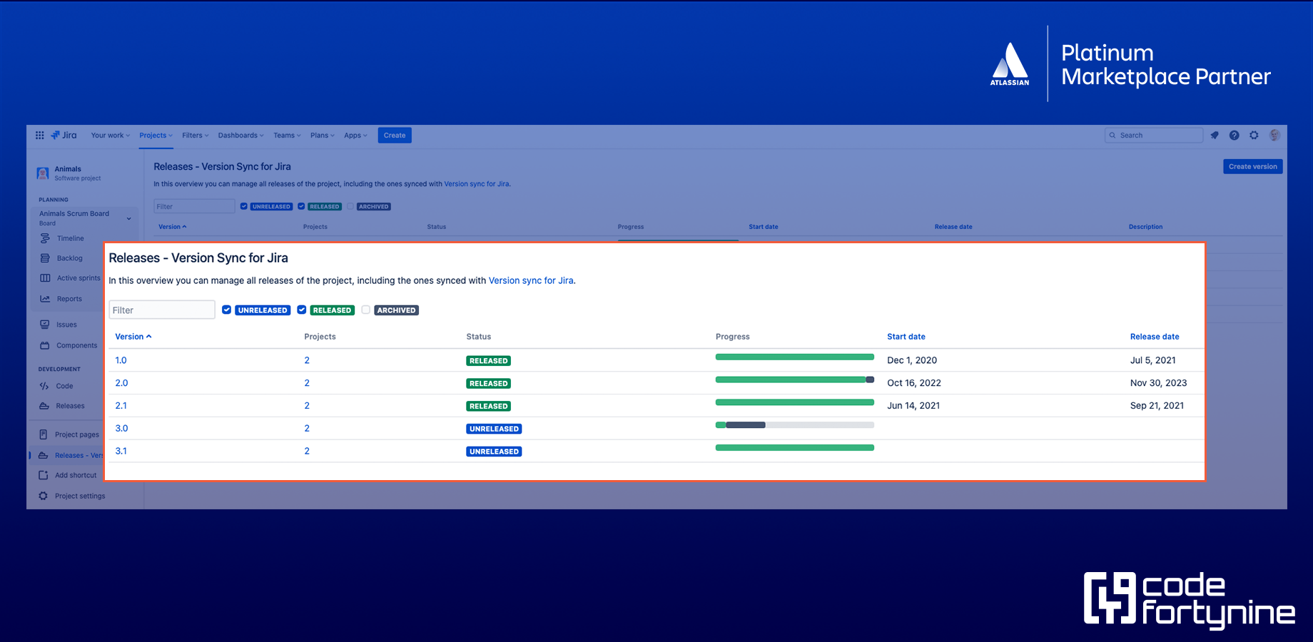 Track delivery timelines and progress across all projects using the Version Sync Release Overview. Manage shared versions, including status, names and release dates, all without needing extensive Jira admin rights.