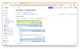 Cross-project trace view linking requirements from a Product Backlog project to implementation stories in a Development project and test cases in a QA project — in a single chain.
