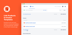 Products and services linked to invoice templates are automatically updated in the Clerk Invoices app