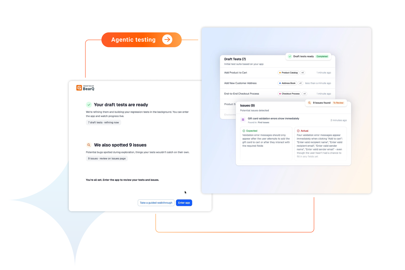 BearQ doesn't wait to be told what to test. It starts by exploring your application the way a user would: navigating pages, discovering workflows, and understanding how they connect.