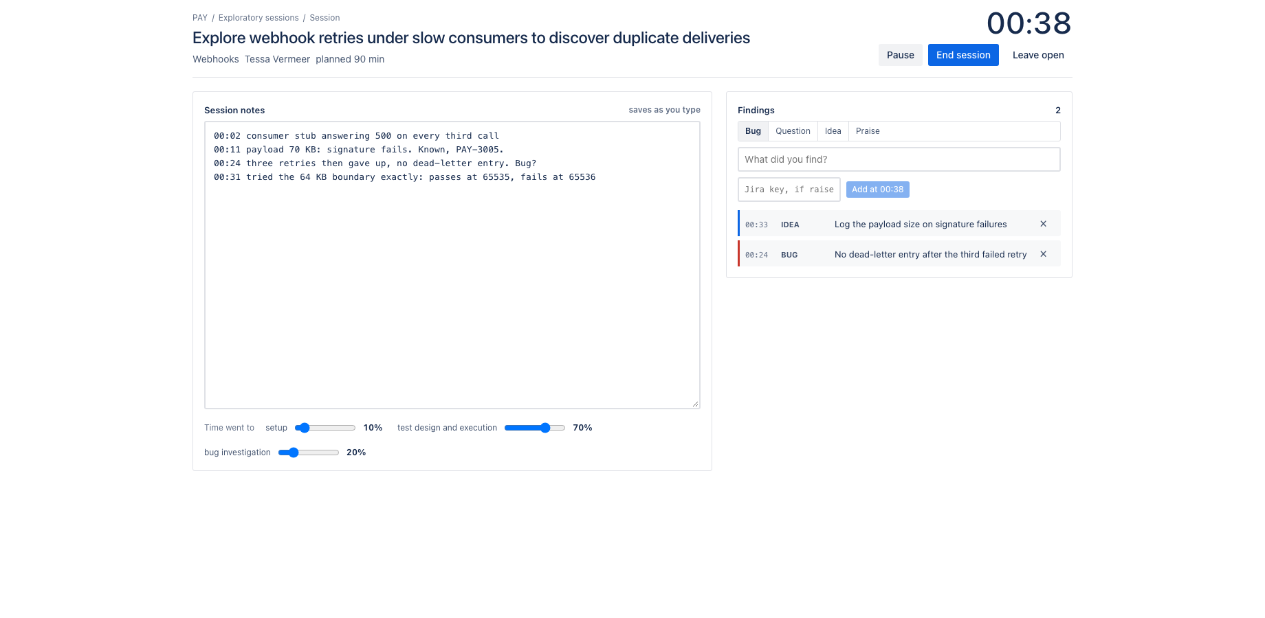 One charter, one tester, one block of time. The clock turns red past the planned length. Notes save as you type. A finding takes one line and the minute it was found, with the Jira key if you raised one.