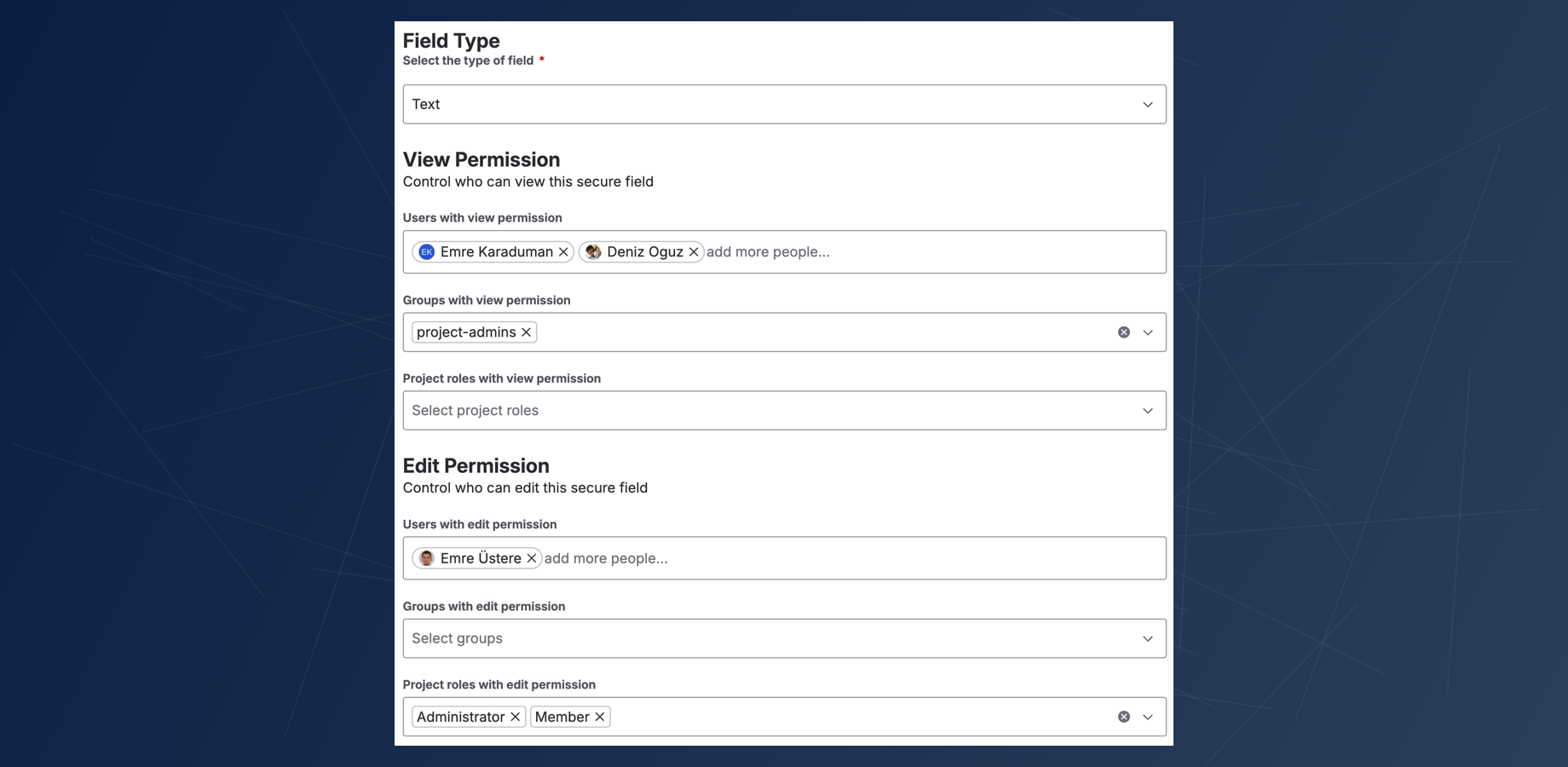 The custom field configuration screen, showing detailed "View Permission" and "Edit Permission" settings for users, groups, and project roles.