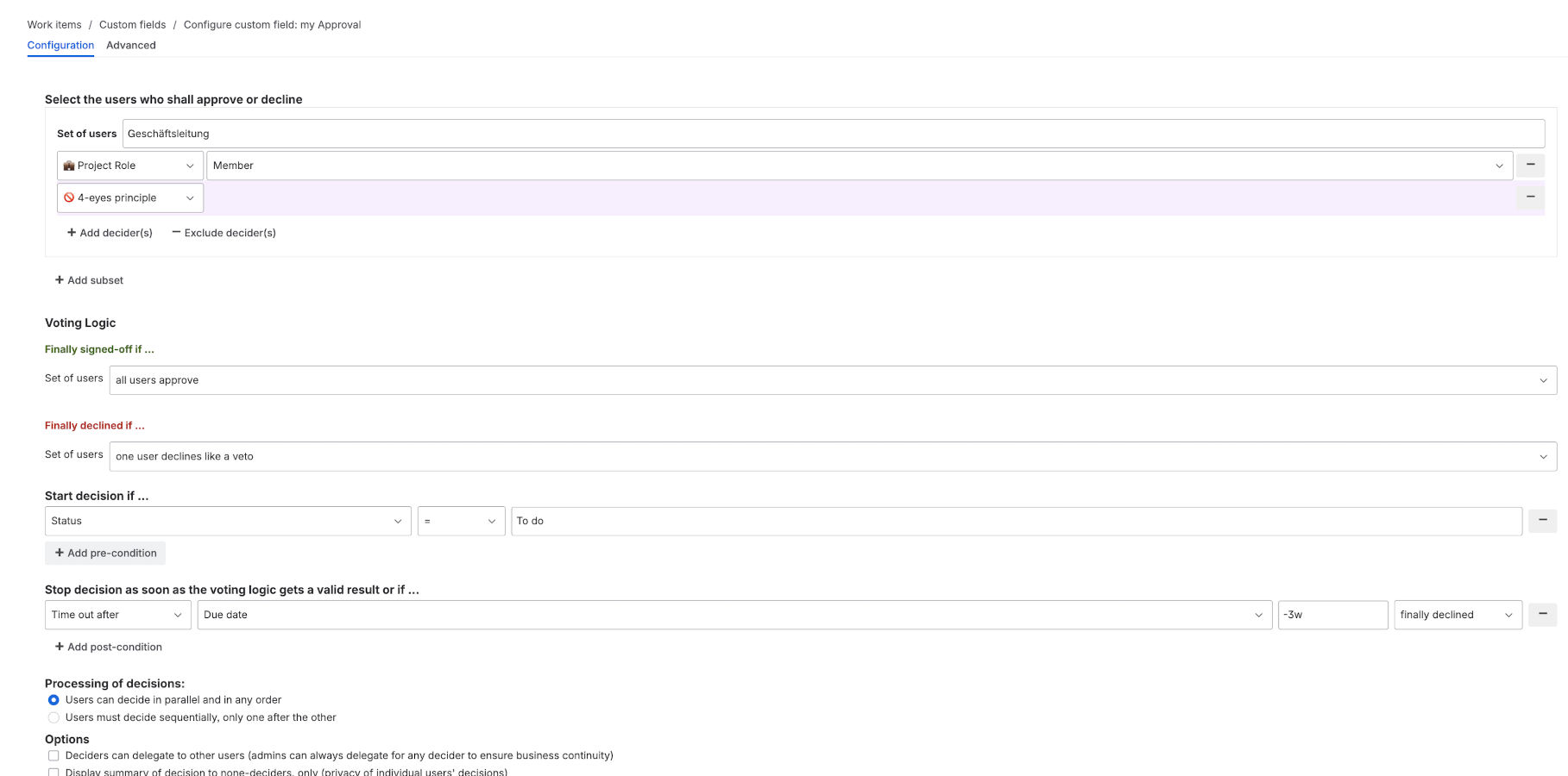 Configure your (complex) business scenarios with multiple sets of deciders depending on issue fields and other aspects.