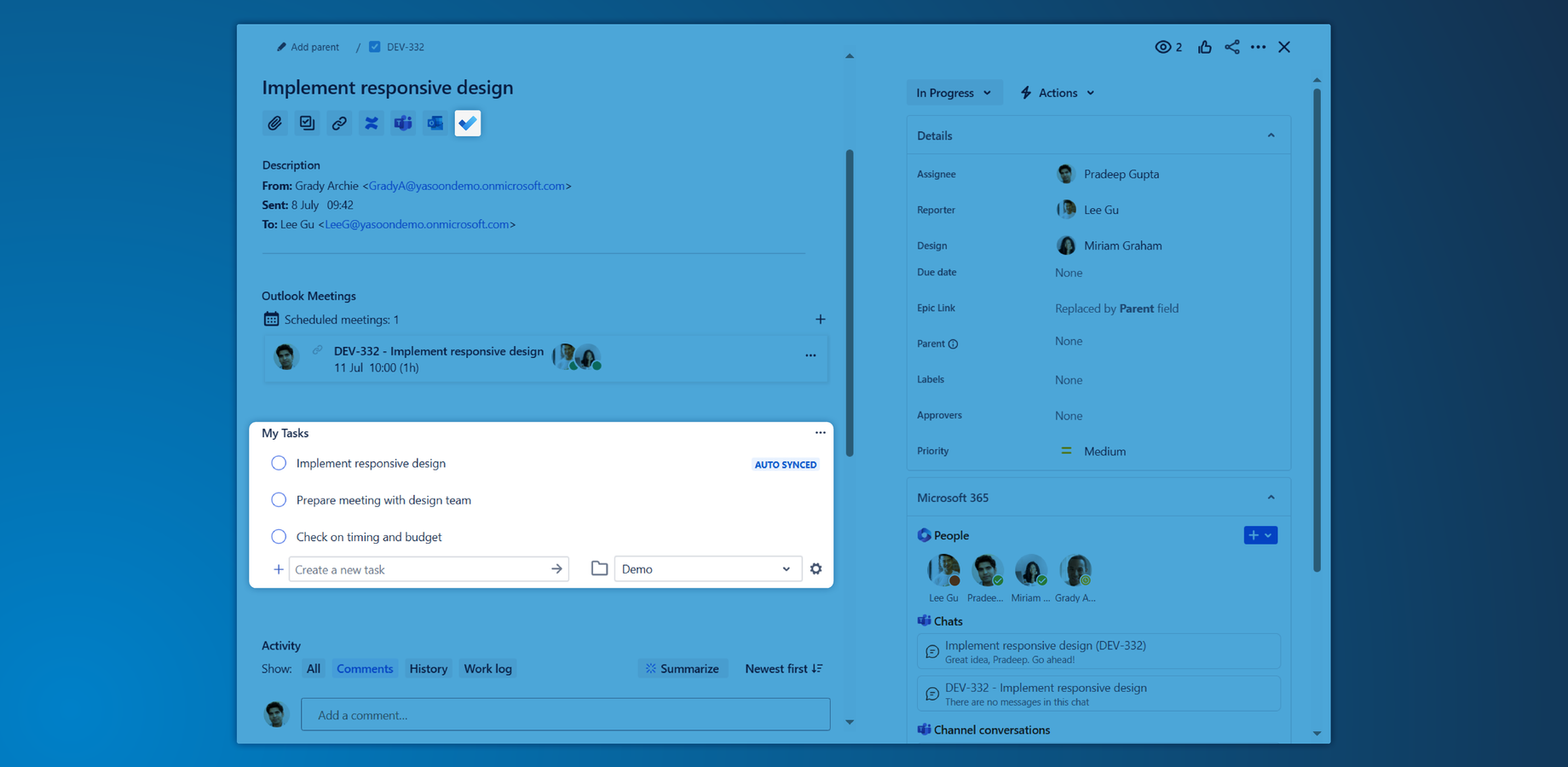 Are you meeting to discuss a Jira issue? Open the Microsoft To Do panel directly in the issue to easily add personal tasks. All tasks are instantly pushed to your chosen to-do list.