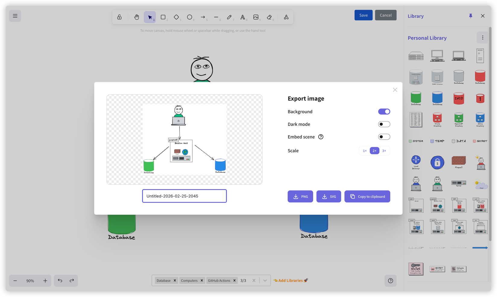 The Export image dialog with options for background, dark mode, embed scene, scale selection, and export format buttons	
