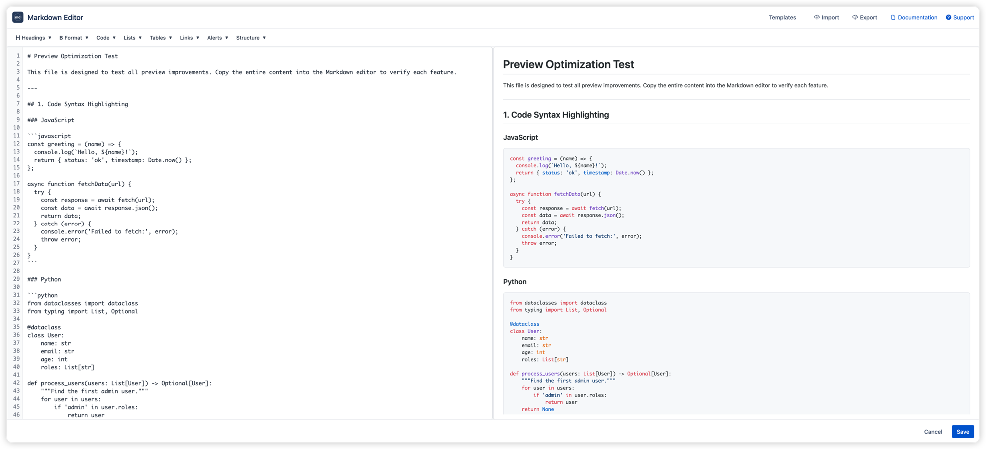 Split-pane Markdown editor with syntax highlighting and real-time preview. Edit code on the left, see formatted output on the right with synchronized scrolling and adjustable layout.