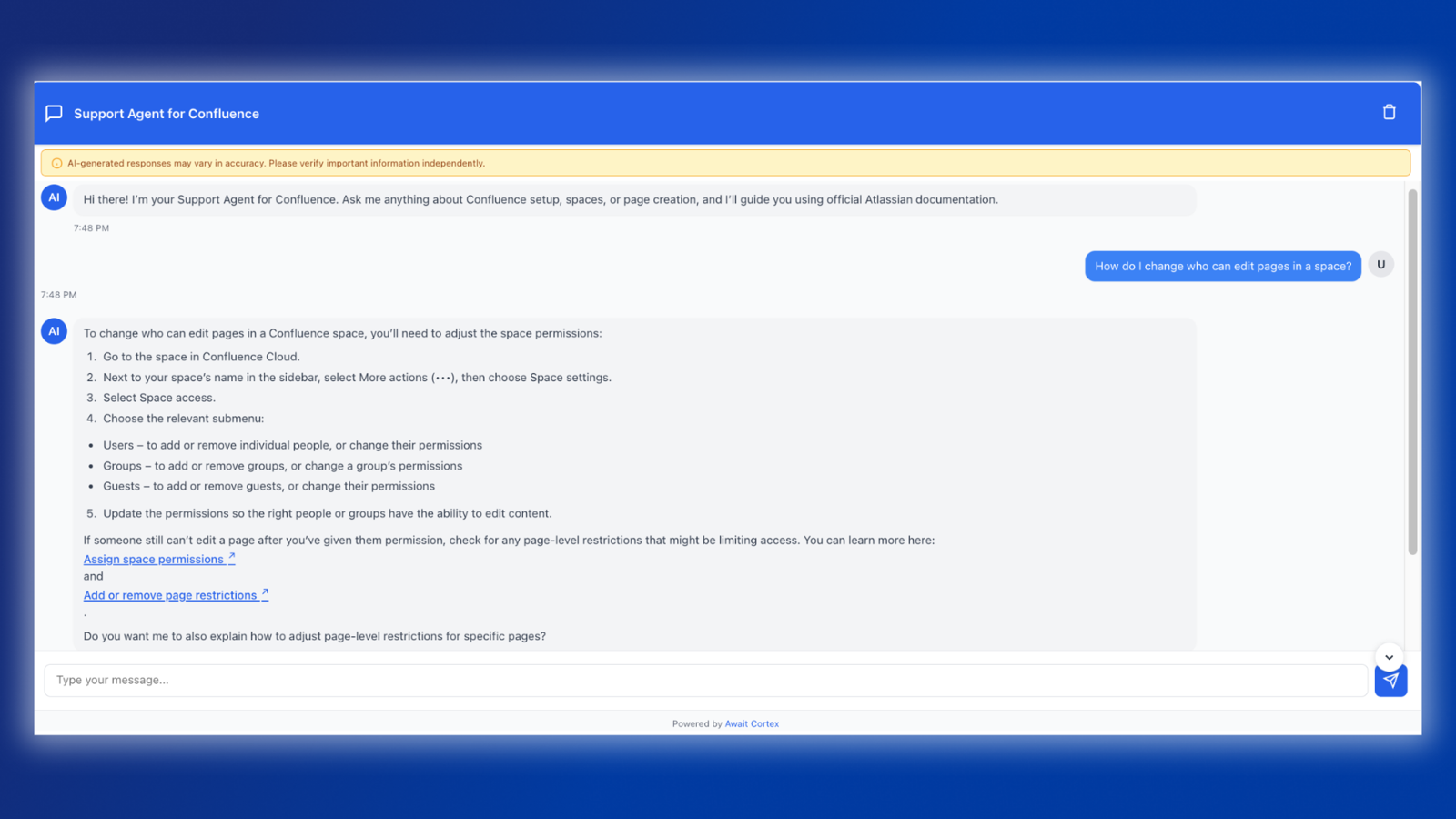 Clear, actionable help for configuring Confluence spaces and permissions