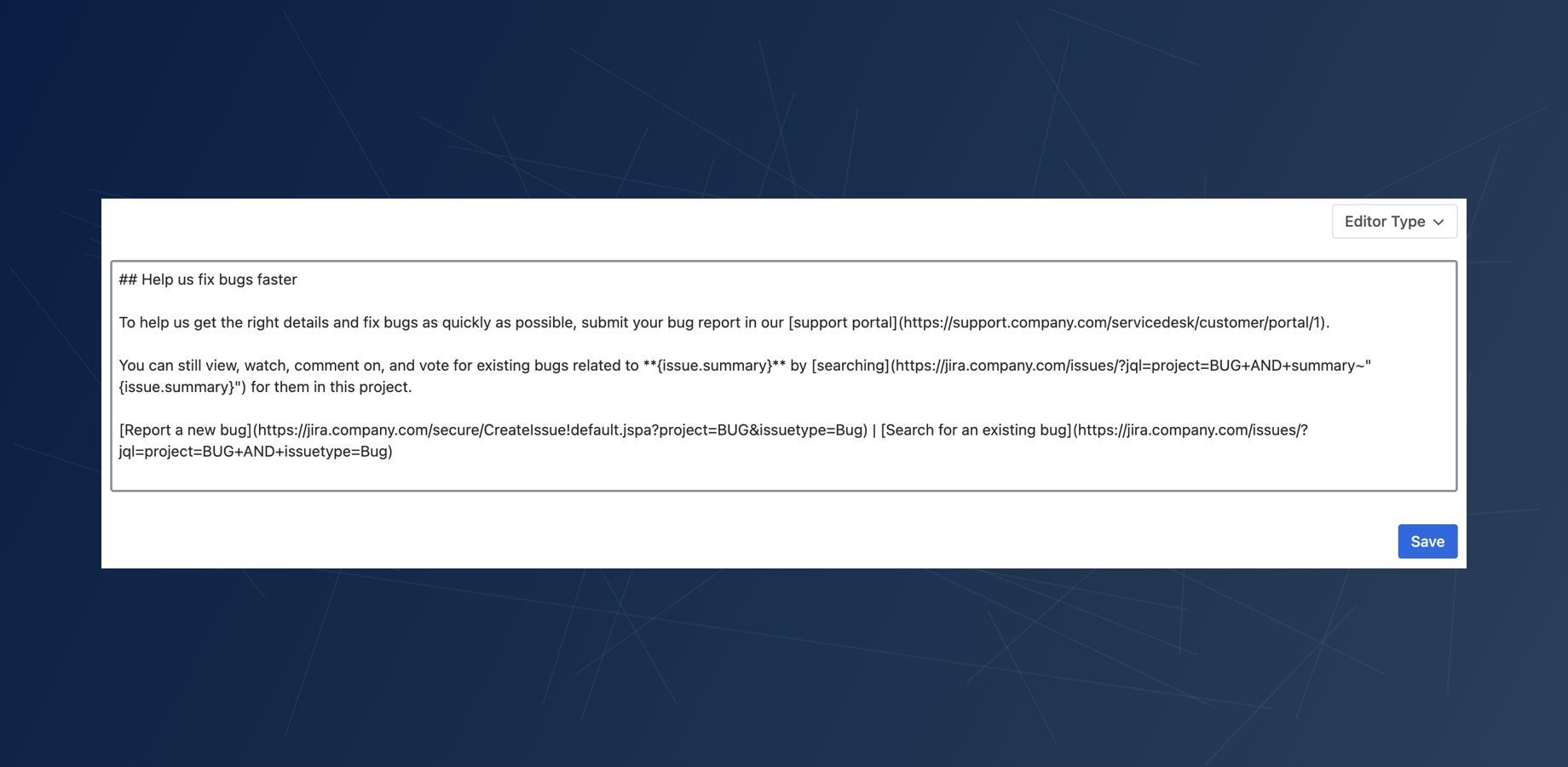 Custom field configuration displaying Markdown input with an embedded Jira Expression, simplifying the creation of dynamic and readable messages.
