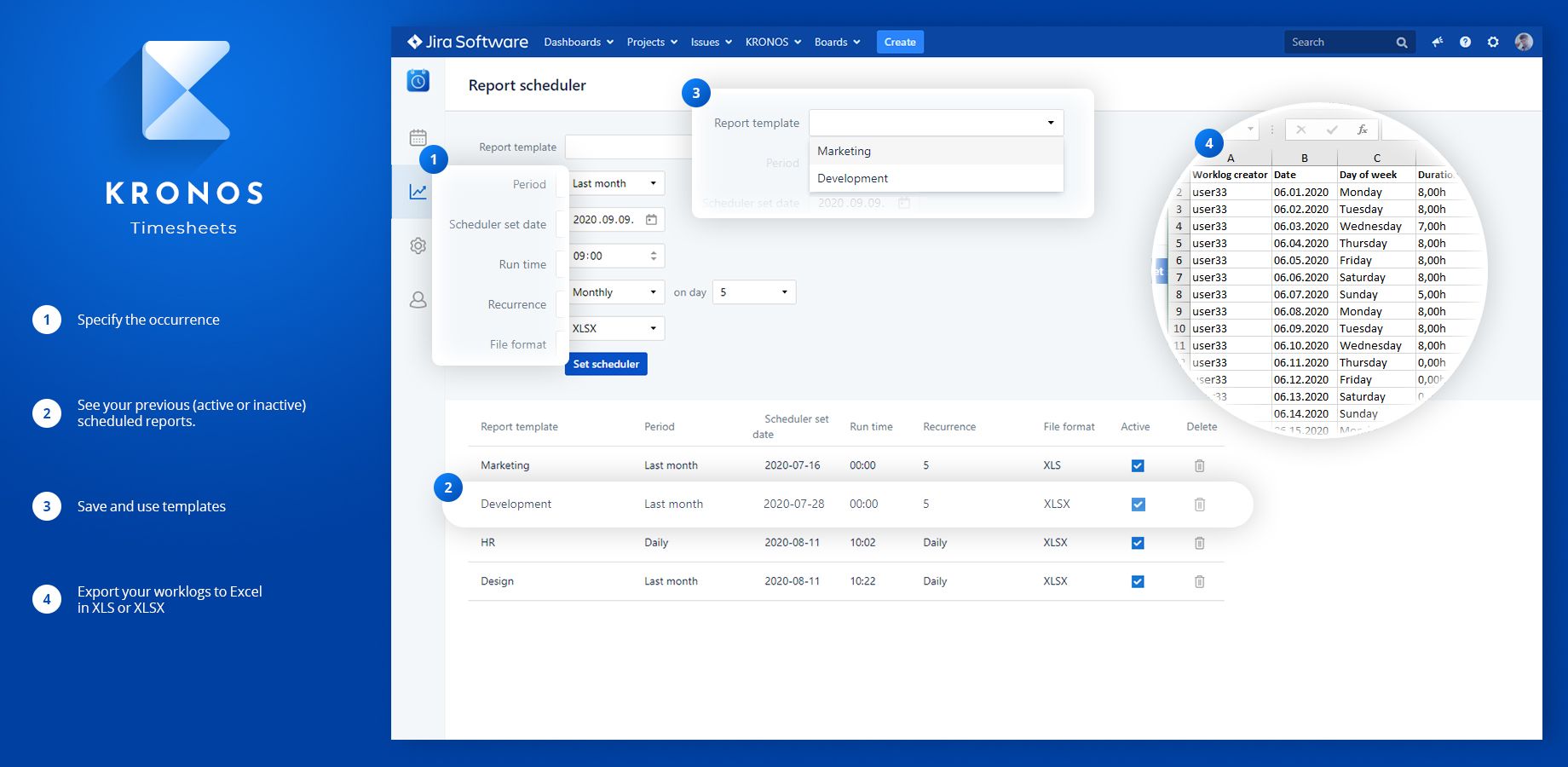 - ​Adhoc /scheduled reports
- Single / team reports

- Reports JQL queries

- Exporting to Excel (XLS, XLSX)

- Permissions for exporting