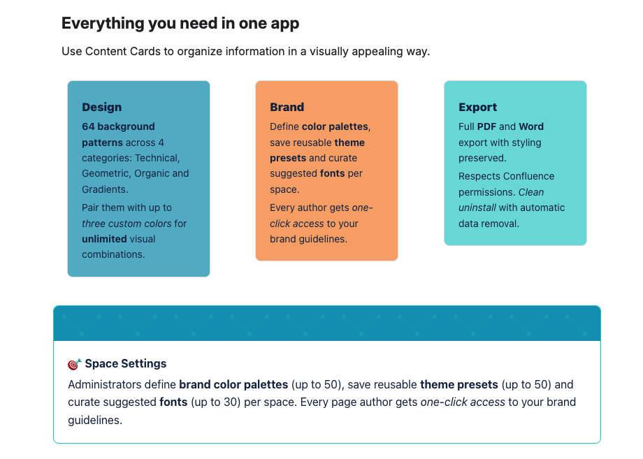 A Confluence page built with Atelier showing a patterned banner, styled background, gradient divider and three content cards with custom background colors
