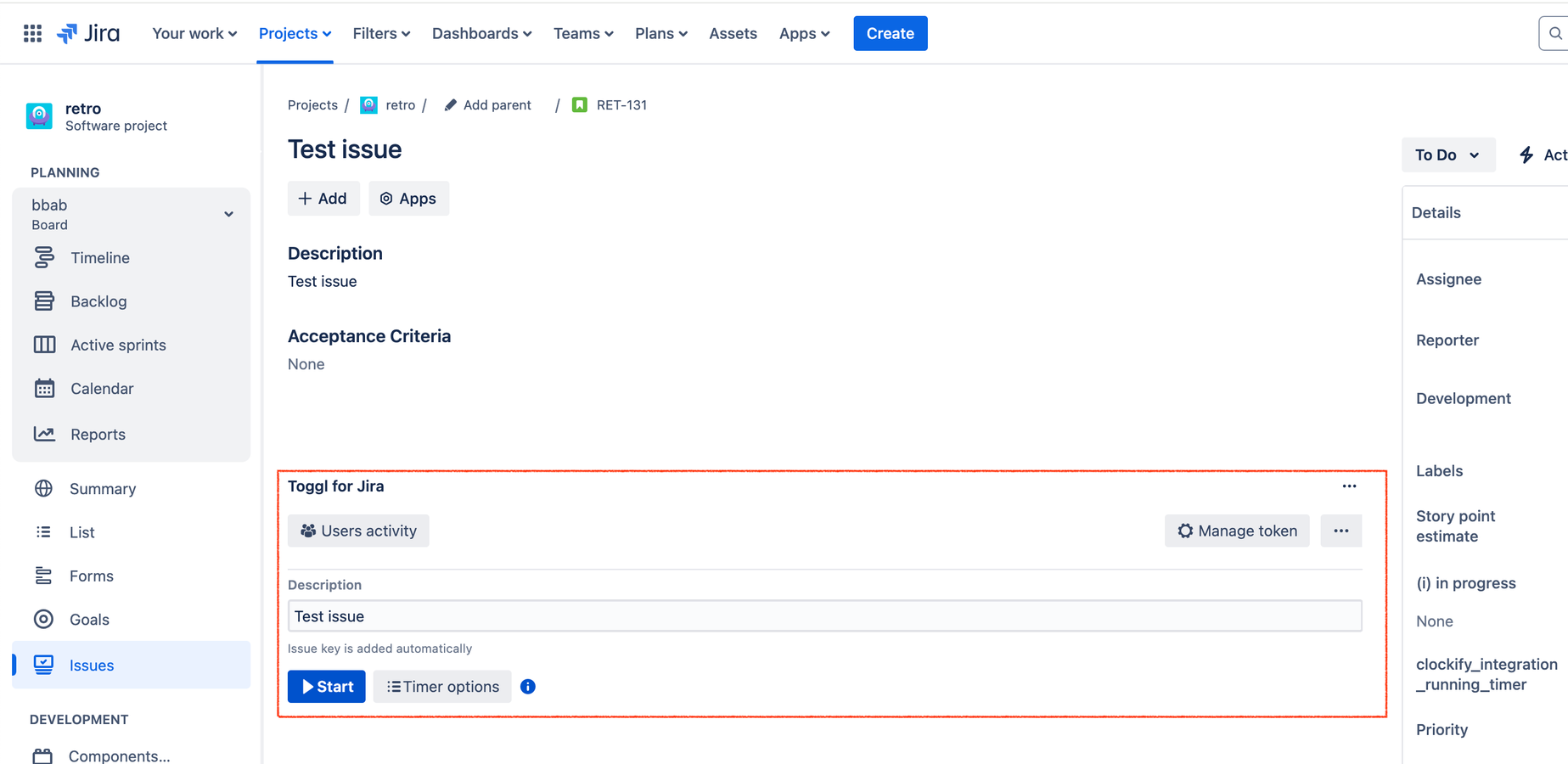 Available inside any Jira issue detials page