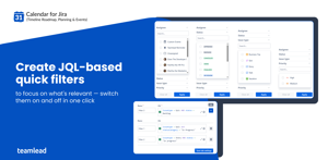 Calendar for Jira quick filter buttons above the calendar grid with active JQL filters applied