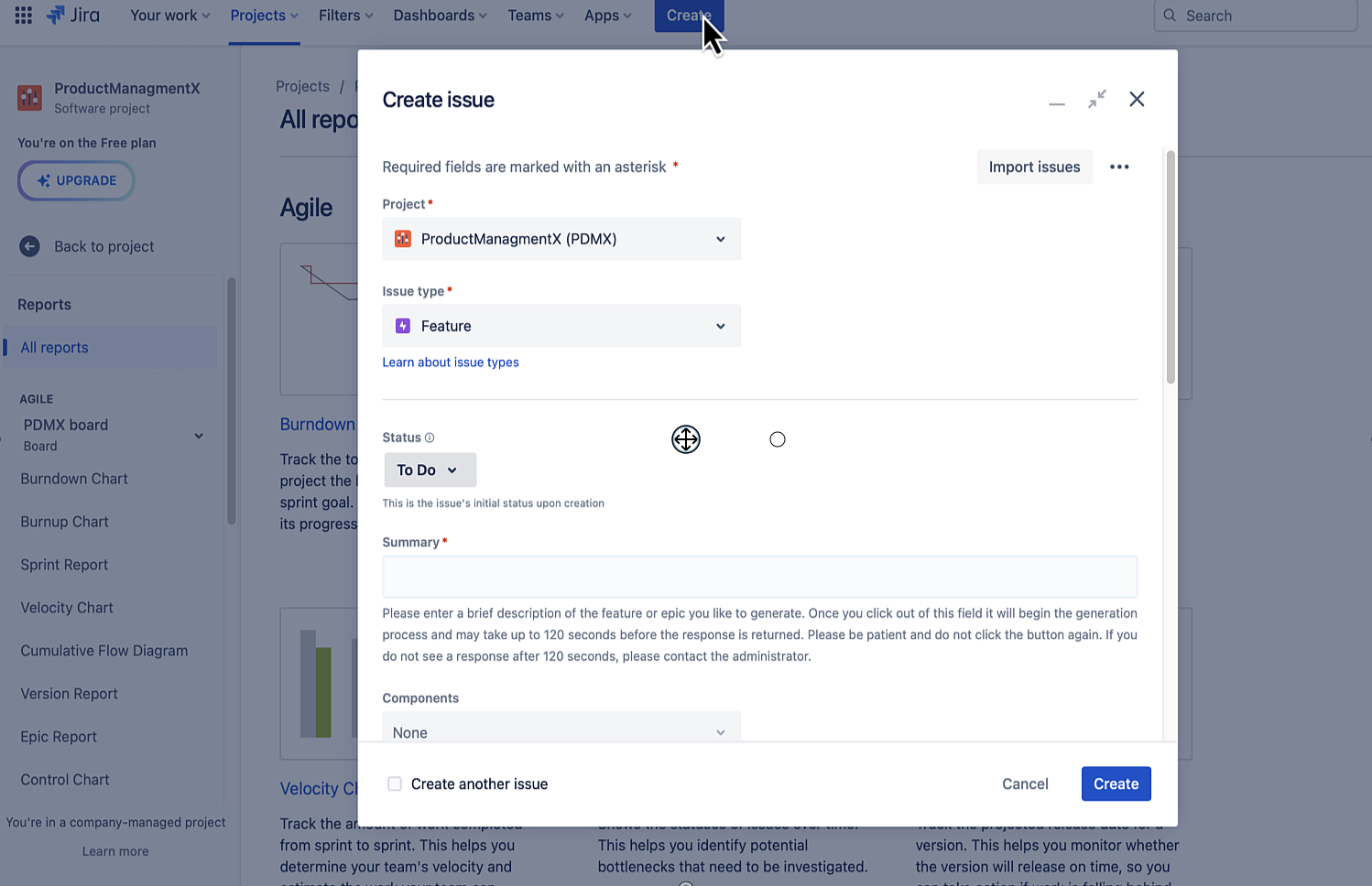 Hit the create button, change to Feature/Epic and add your summary!