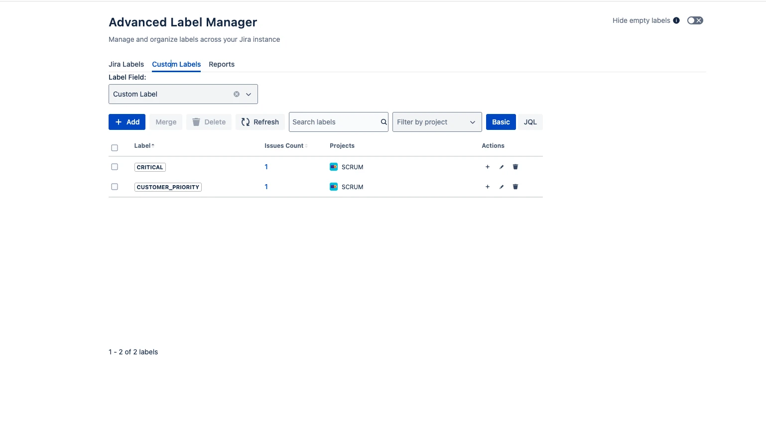 Manage Custom Jira Labels Page