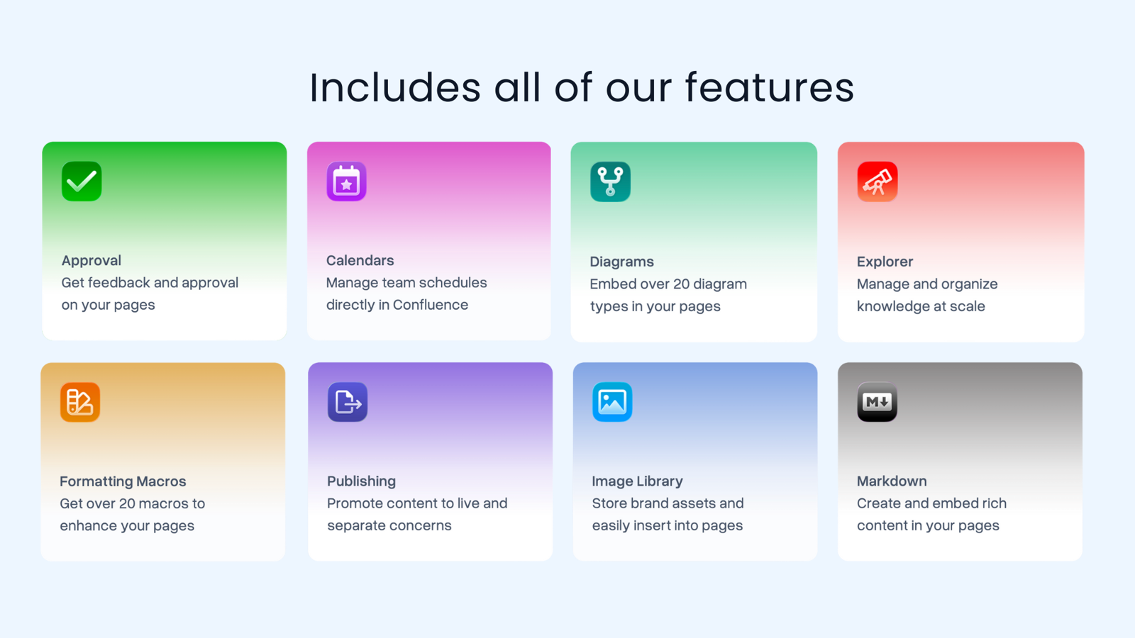 Visualize complex information with over 20 diagram types - create and share visuals. Import and use Markdown for consistent page formatting. Streamline content creation with URL imports and a shared template library.