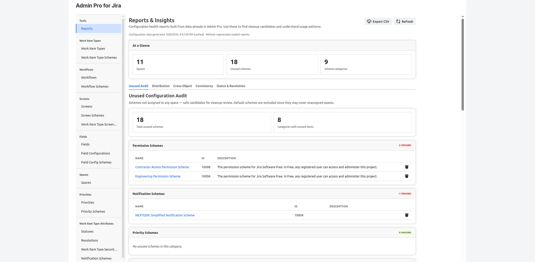 Reports & Insights lists schemes no space uses across 9 scheme types, orphaned screens, unreferenced workflows, and statuses and resolutions with zero or low usage. Export reports to CSV.