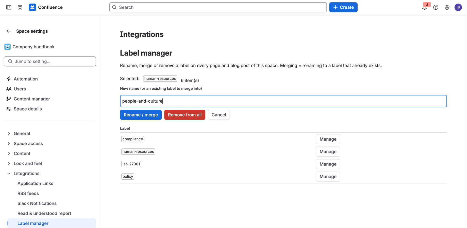 The label manager in space settings lists every label with rename, merge and remove actions.