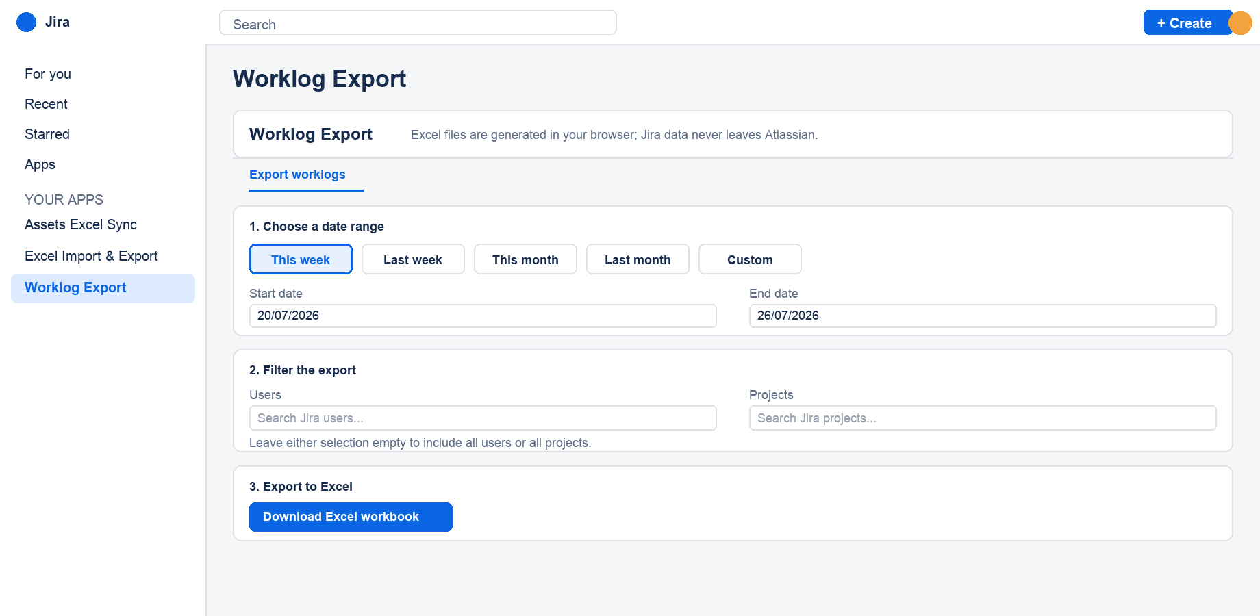 The Export worklogs page, showing the This week preset and the live filter panel.