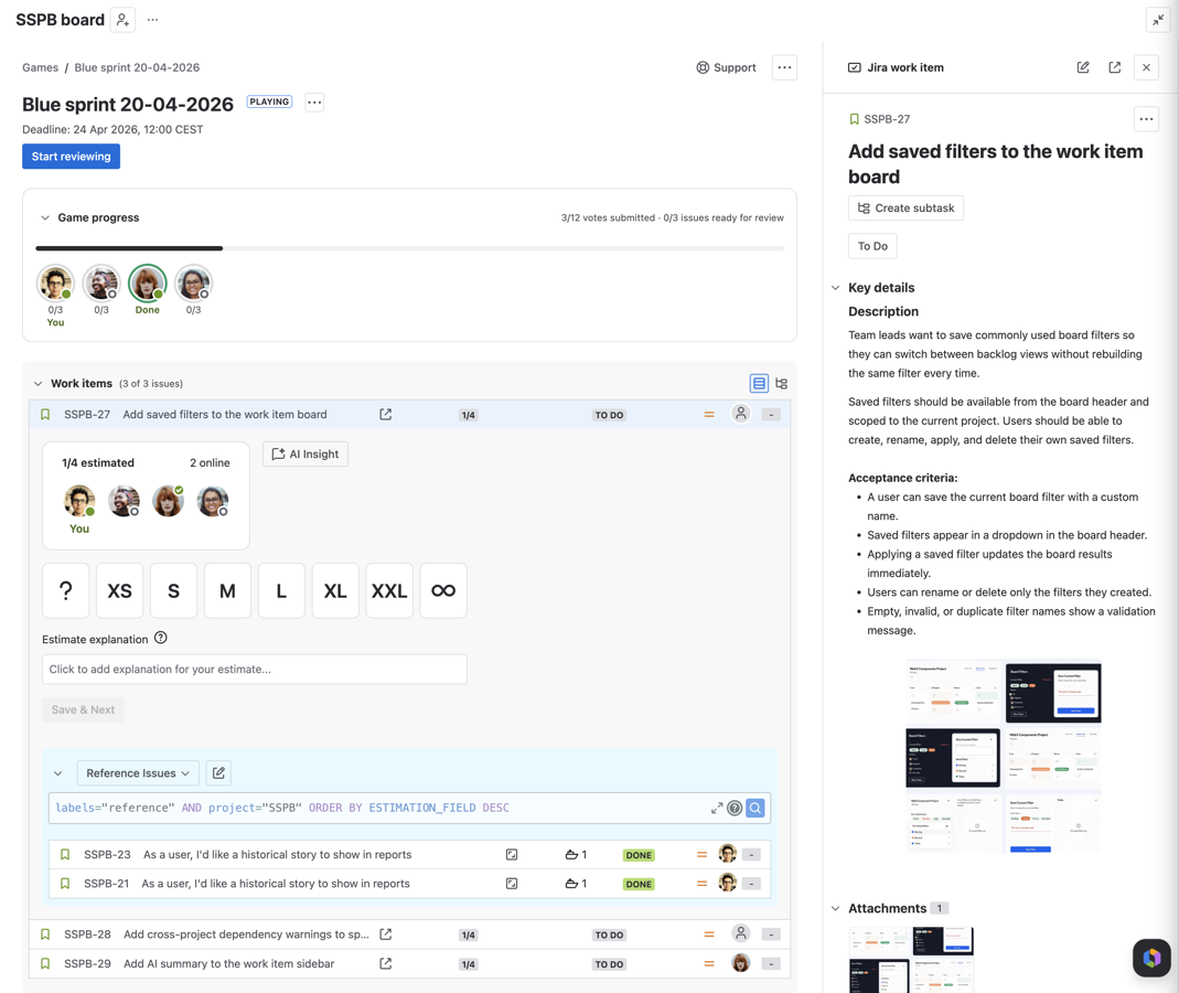 Estimate with the work item and game view side by side, so backlog refinement stays in one Jira workflow.