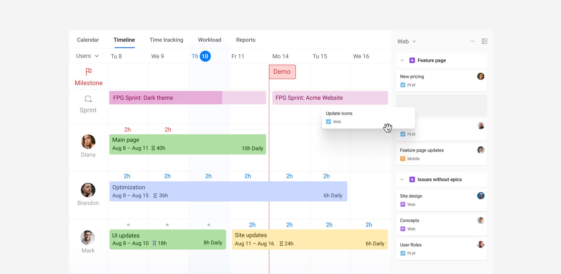Manage team workload by mapping out issues on the timeline and allocating them to teammates. Check who is working on what and optimize your workload process with Jira resource management.