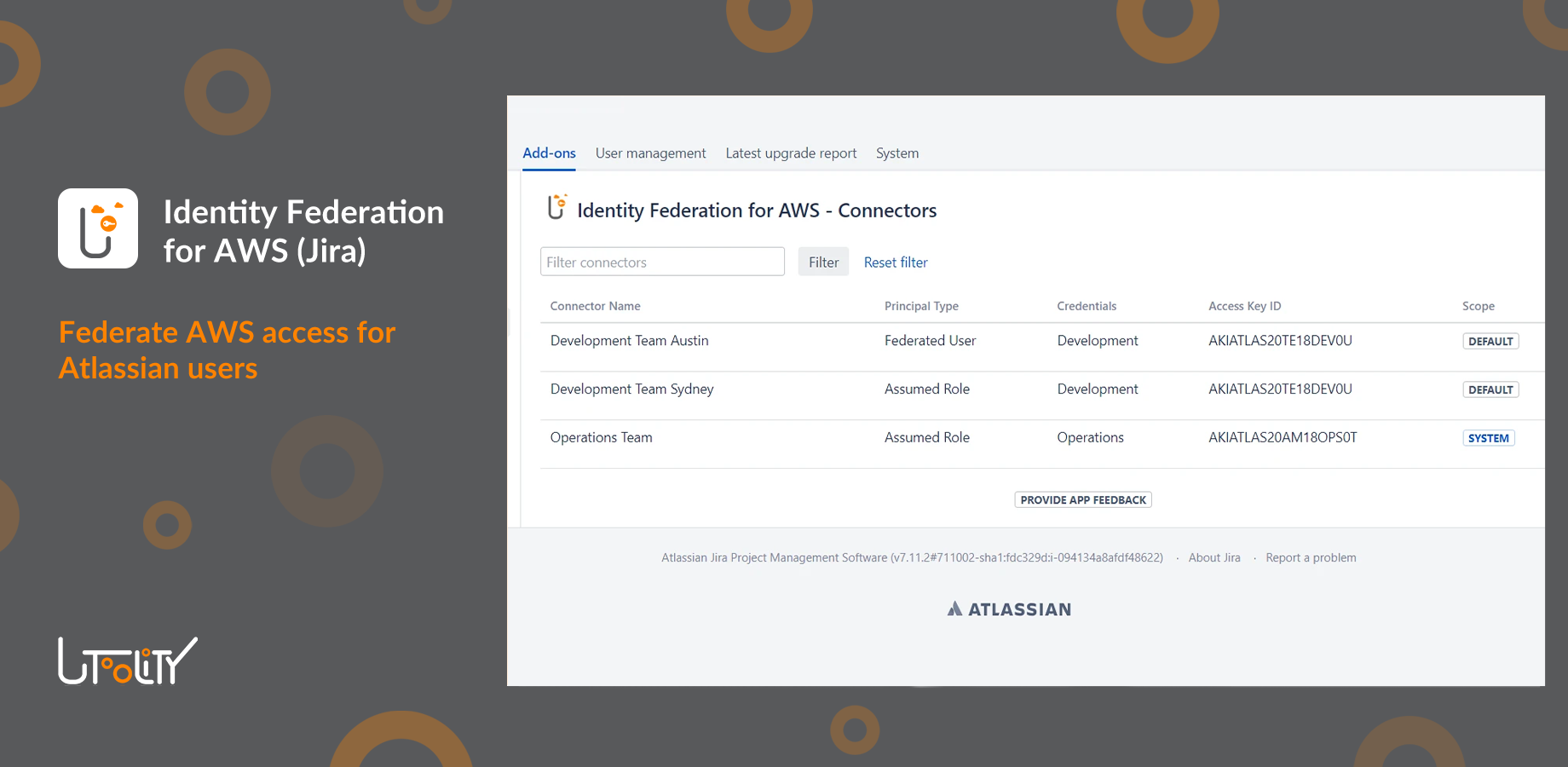 Overview of configured connectors (mapping of AWS accounts to Atlassian groups with optional permission restrictions based on IAM policies).