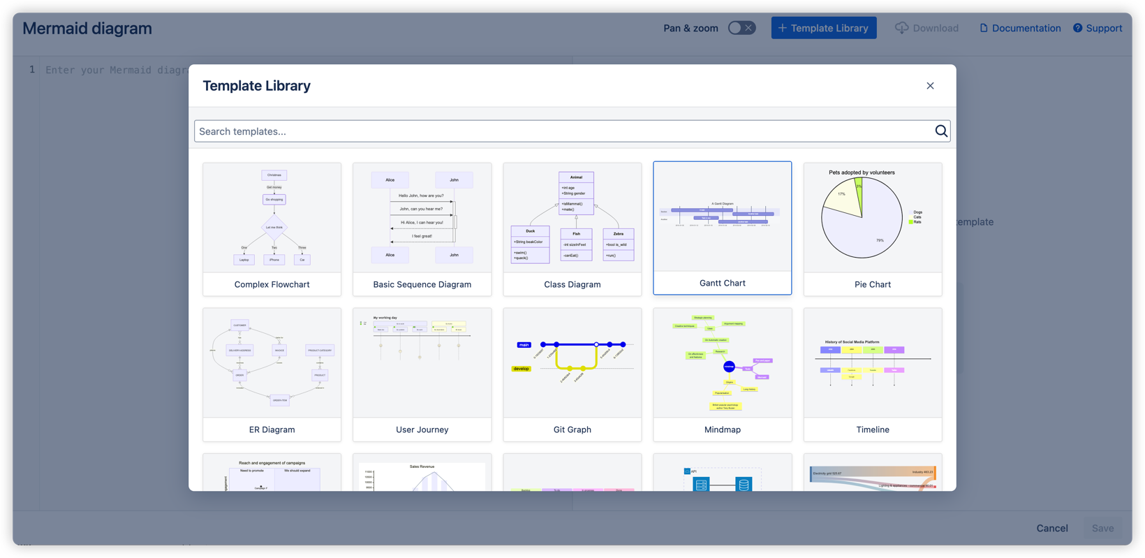 The Template Library offers 18+ pre-built diagram templates across multiple categories. Use the search bar to filter by name, then click any template to load it instantly into the editor.