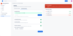 VirusTotal scanning settings: scan files from Jira drag & drop and from the app panel, comment on detection, and choose warn & flag or auto-delete. Malicious files are blocked before upload.