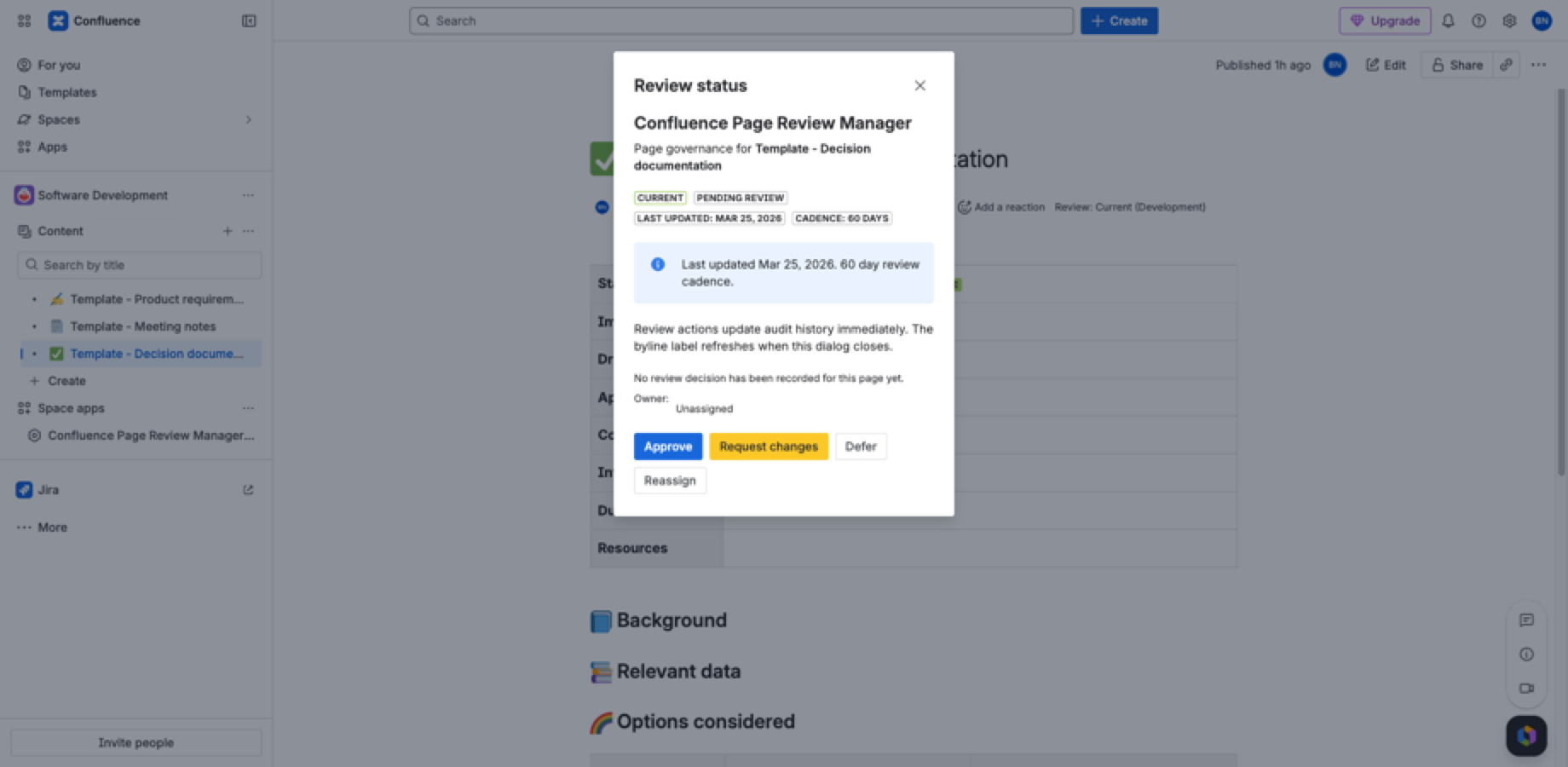 The Confluence page byline panel with in-context review actions