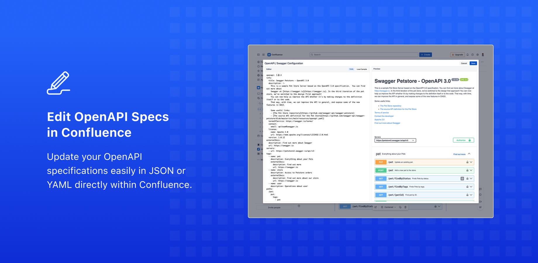 Quickly update OpenAPI specifications using included Swagger Editor in Confluence