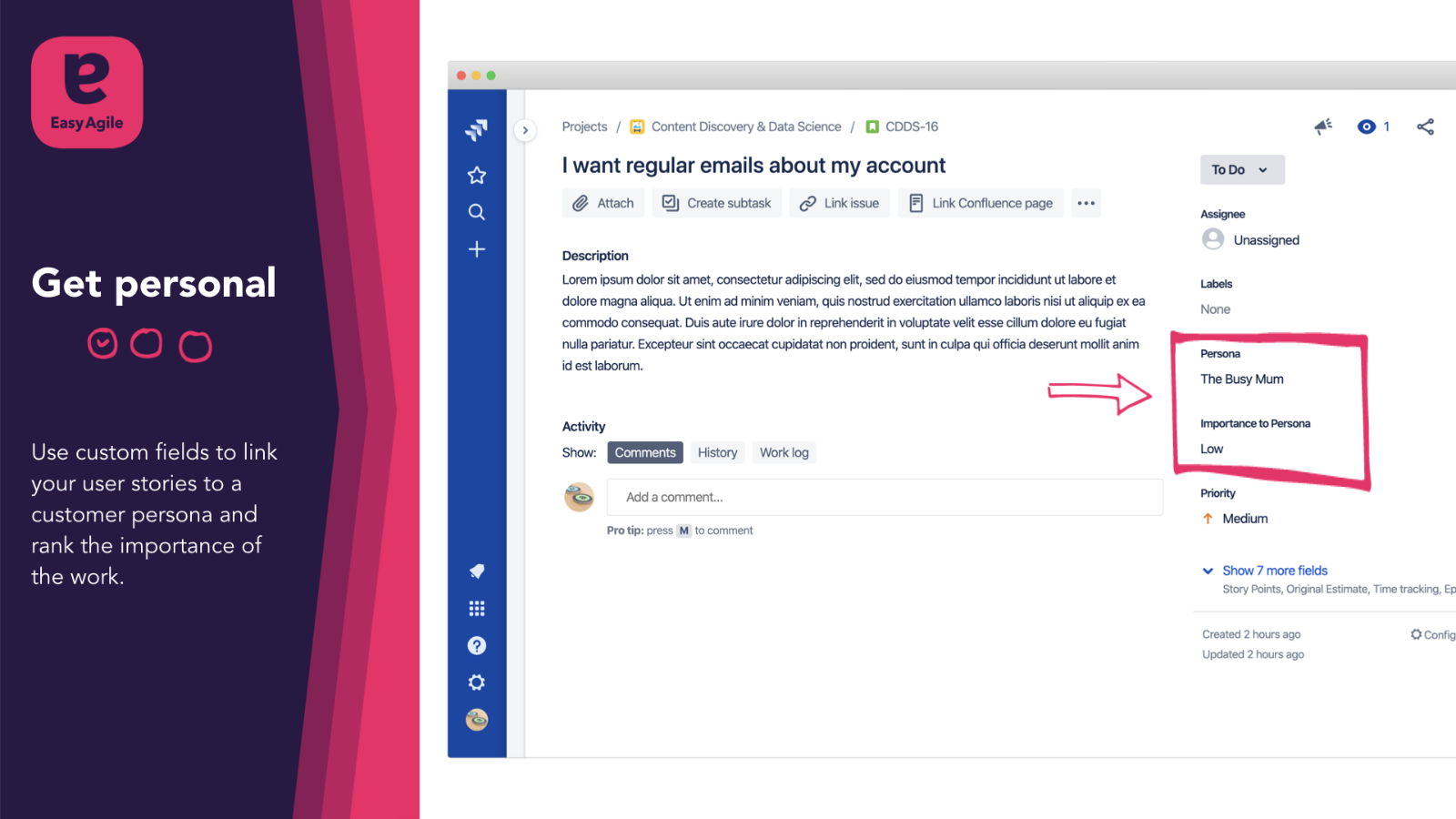 Use custom fields to link your user stories to a customer persona and rank the importance of the work.