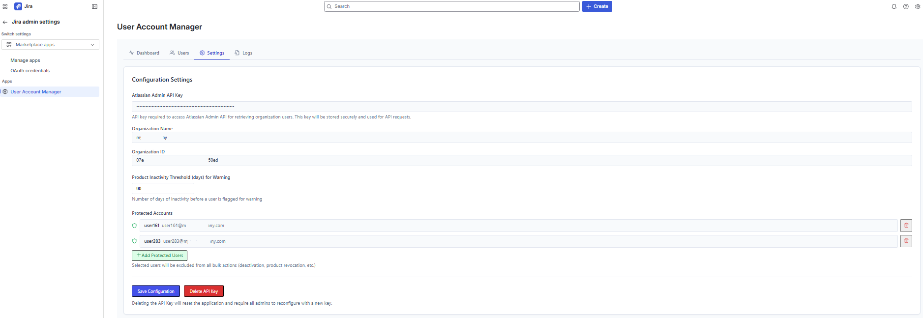 Settings tab showing masked API key, organization name and ID, 90-day inactivity threshold, two protected accounts with shield icons and remove buttons, add protected users button, save configuration and delete API key