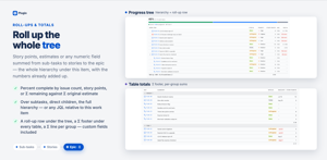 The progress tree with story points rolled up from sub-tasks to the epic, and a related-work table with per-group and Σ footer totals — the numbers Jira leaves you to add up yourself.