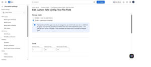 Choose Portable (real Jira attachments) or Private (permission-controlled storage) per field, with min/max file count and size limits