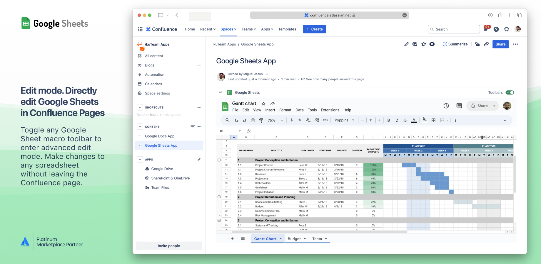 Edit mode. Directly edit Google Sheets in Confluence Pages