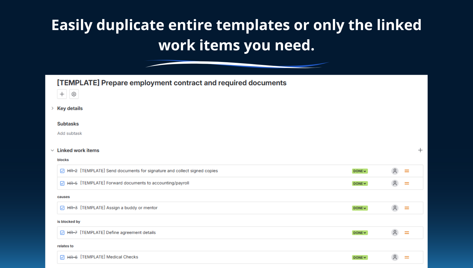 Build your templates using the Link work item relationship. Duplicate any issues with links.