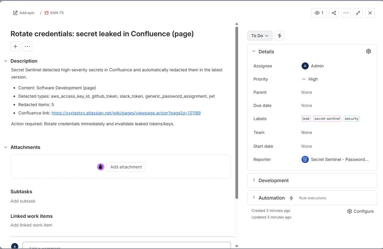 Each detected high-severity secret can generate a Jira incident with context, links, and remediation guidance
