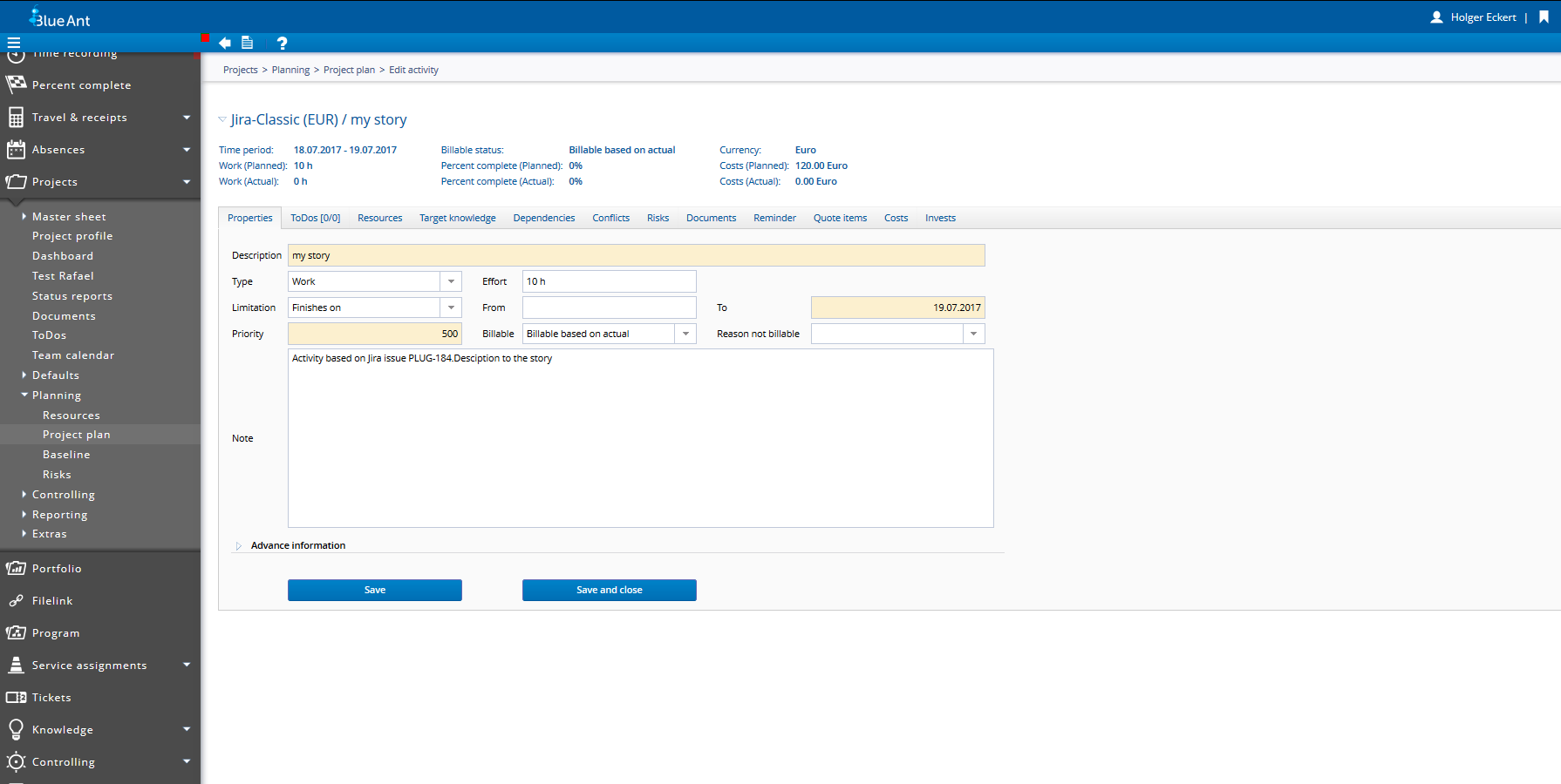 Create issue create as activity in Blue Ant